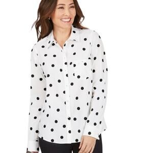 Foxcroft White Black Polka Dot Button Down Shirt Size 14 Roll Tab Sleeve Classic